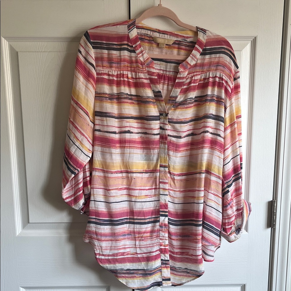 Cream and Pink 3/4 Sleeve Blouse with Relaxed Fit